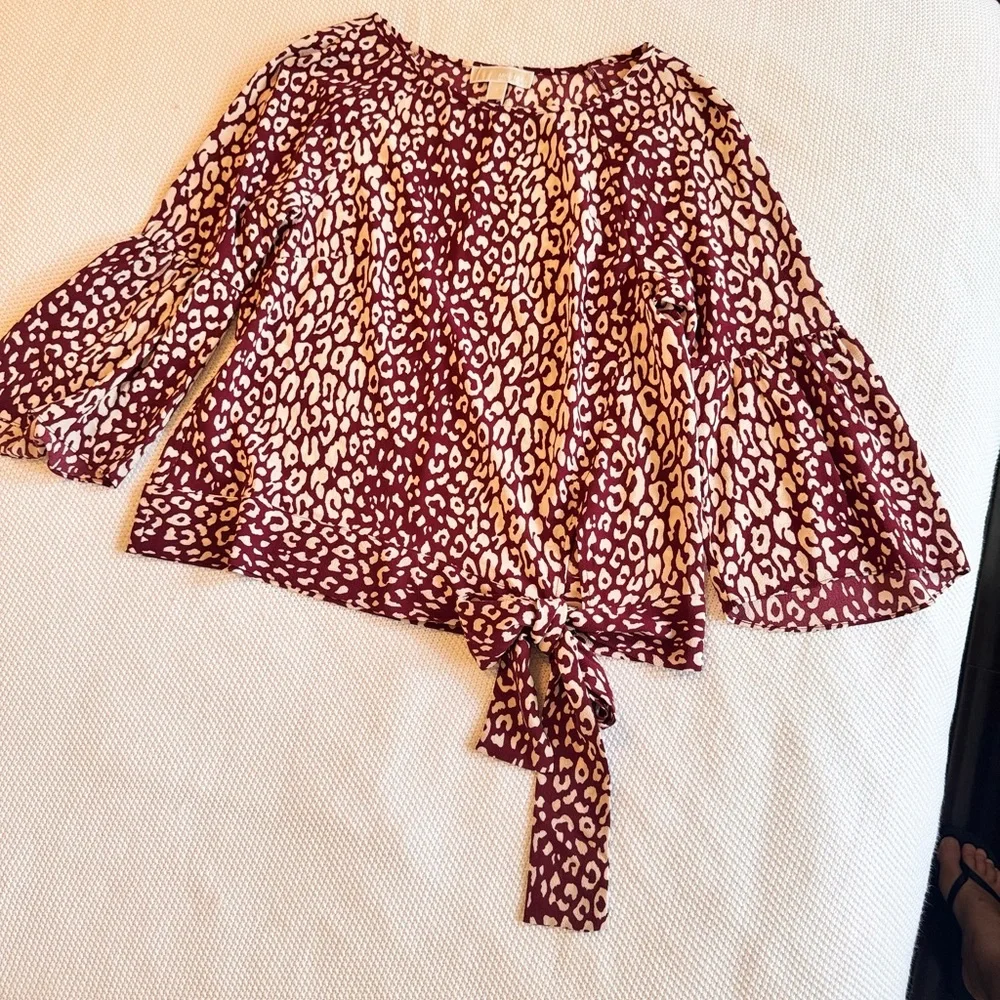 MICHAEL KORS Red & Cream Animal Print Blouse Ruffle Sleeves & Tie Bow Waist Top